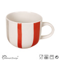 6oz Ceramic Soup Mug with Red Strips Hand Painted Design